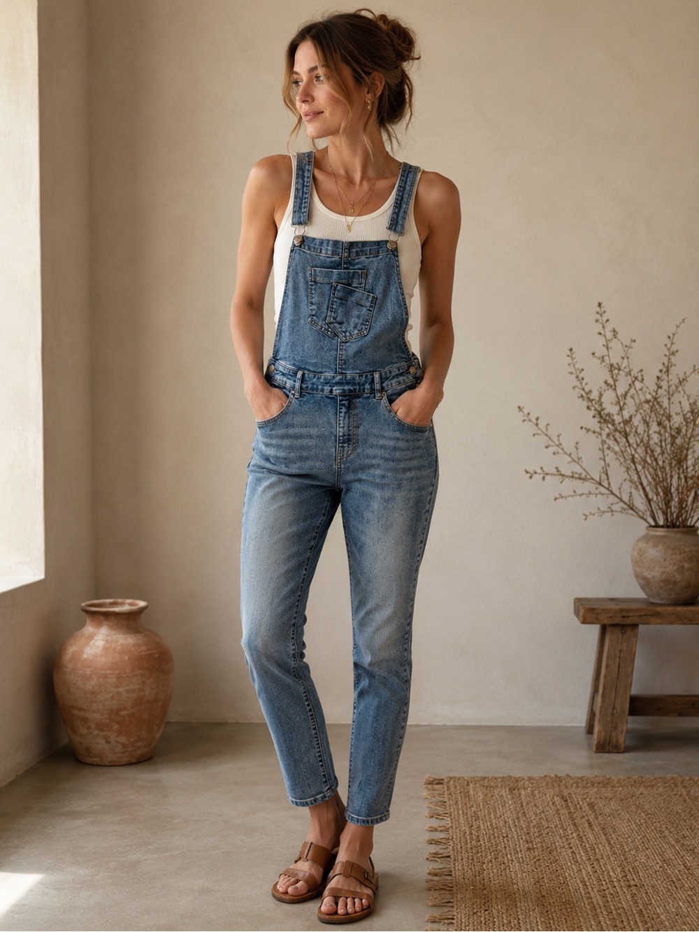 Light Blue Stretch Denim Overall Jumpsuit with Front Pocket Detail